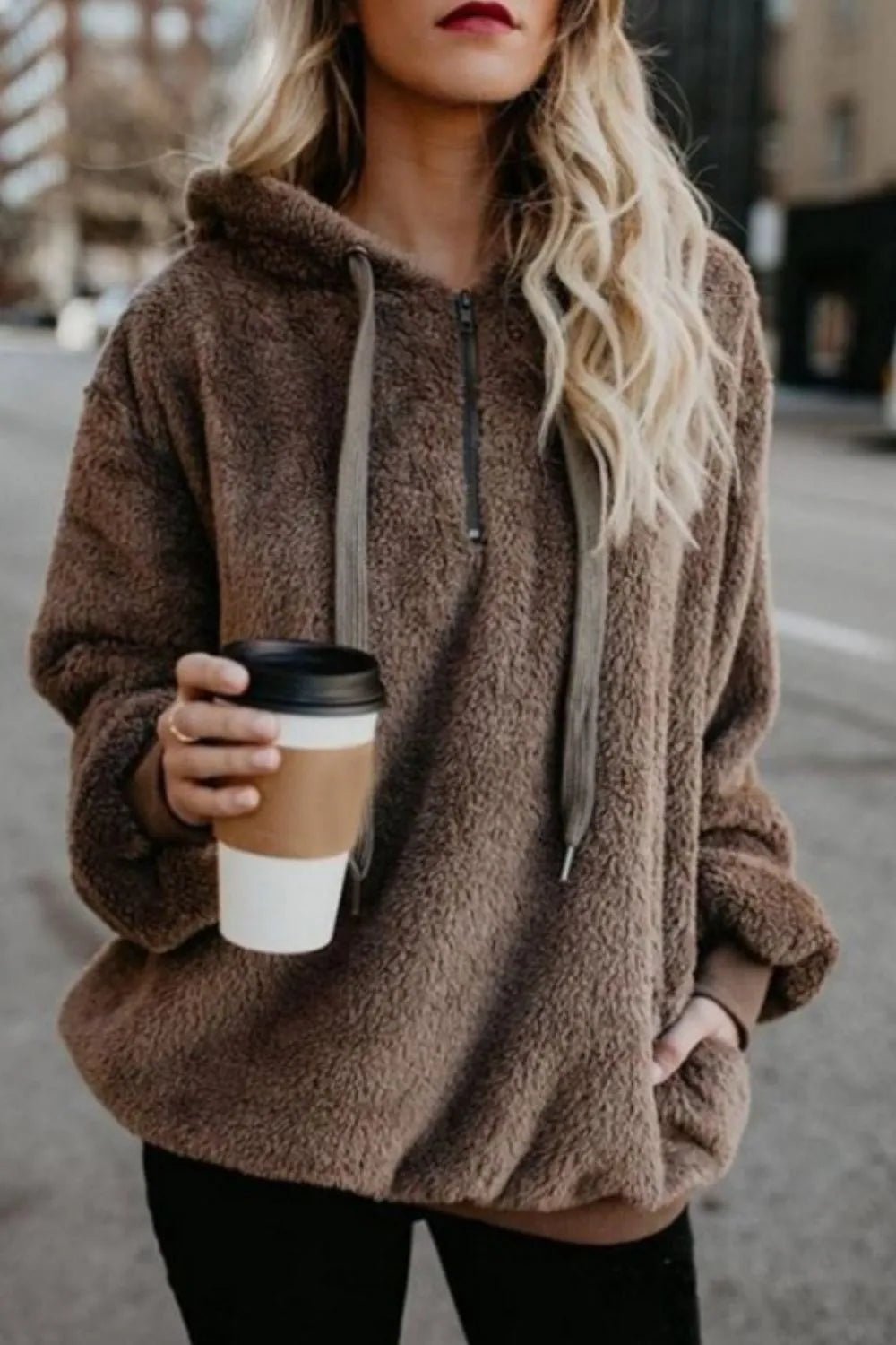 Full Size Quarter - Zip Drawstring Teddy Hoodie - Bela Fils BoutiqueBela Fils Boutique